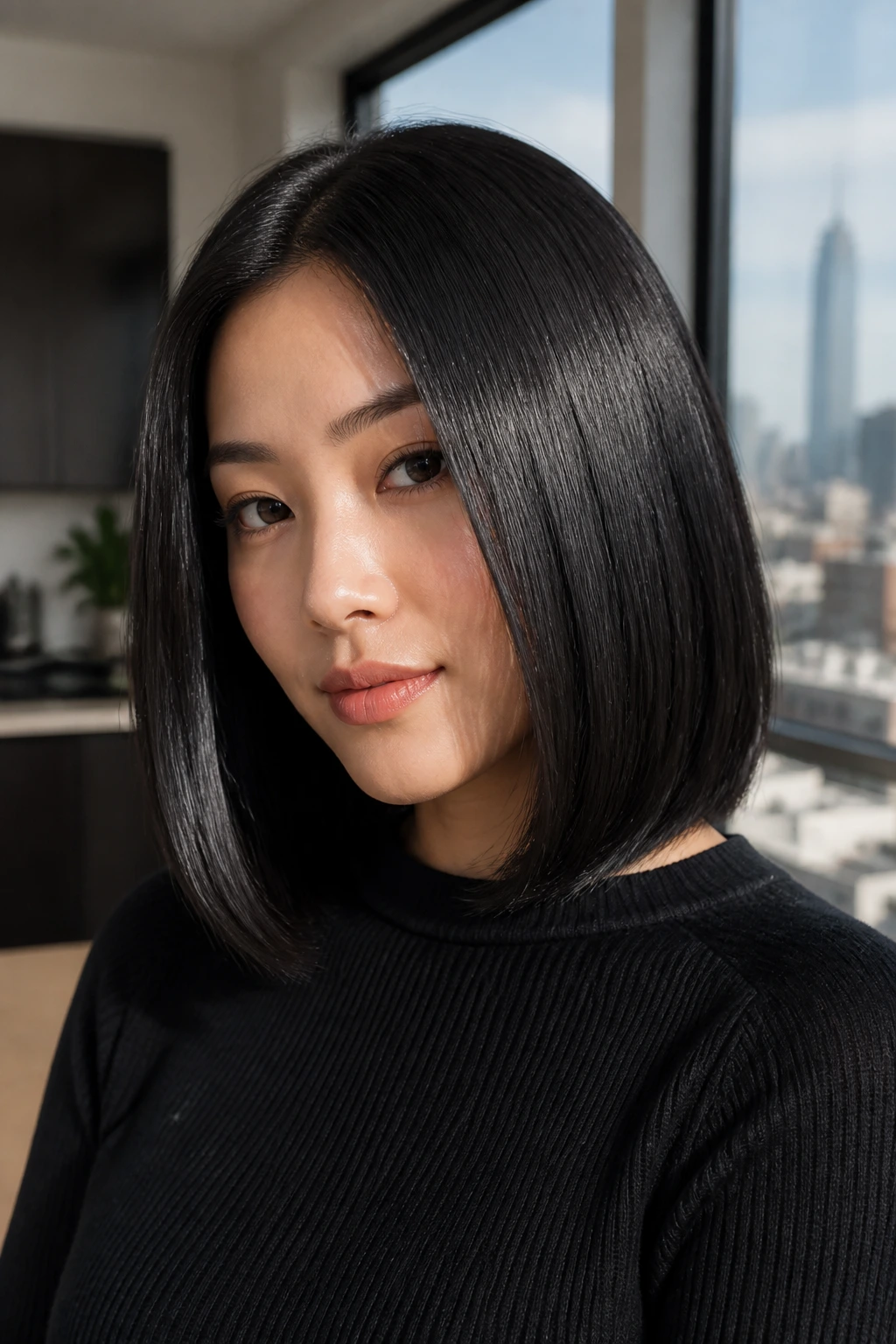 Close-up of a woman with a glossy glass-sleek lob in soft daylight.