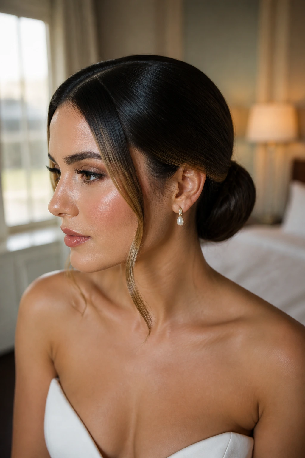 Close-up of a real woman with a glass-smooth chignon and curved money-piece highlight