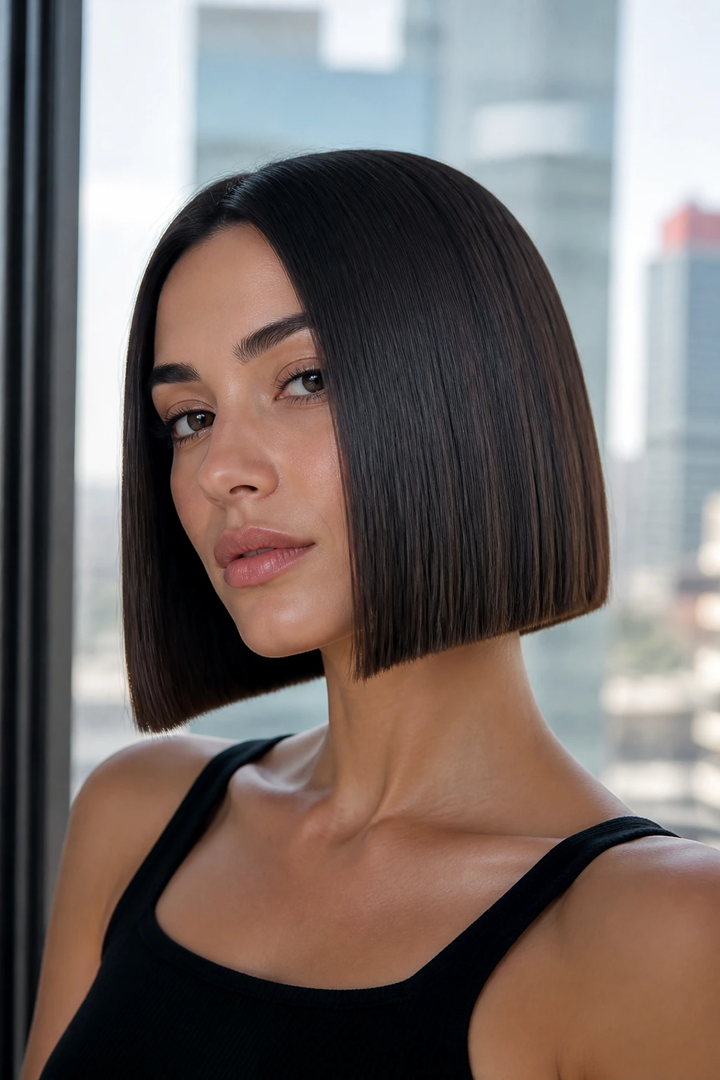 Close-up portrait of a real woman with a glass-straight bob and glossy hair.