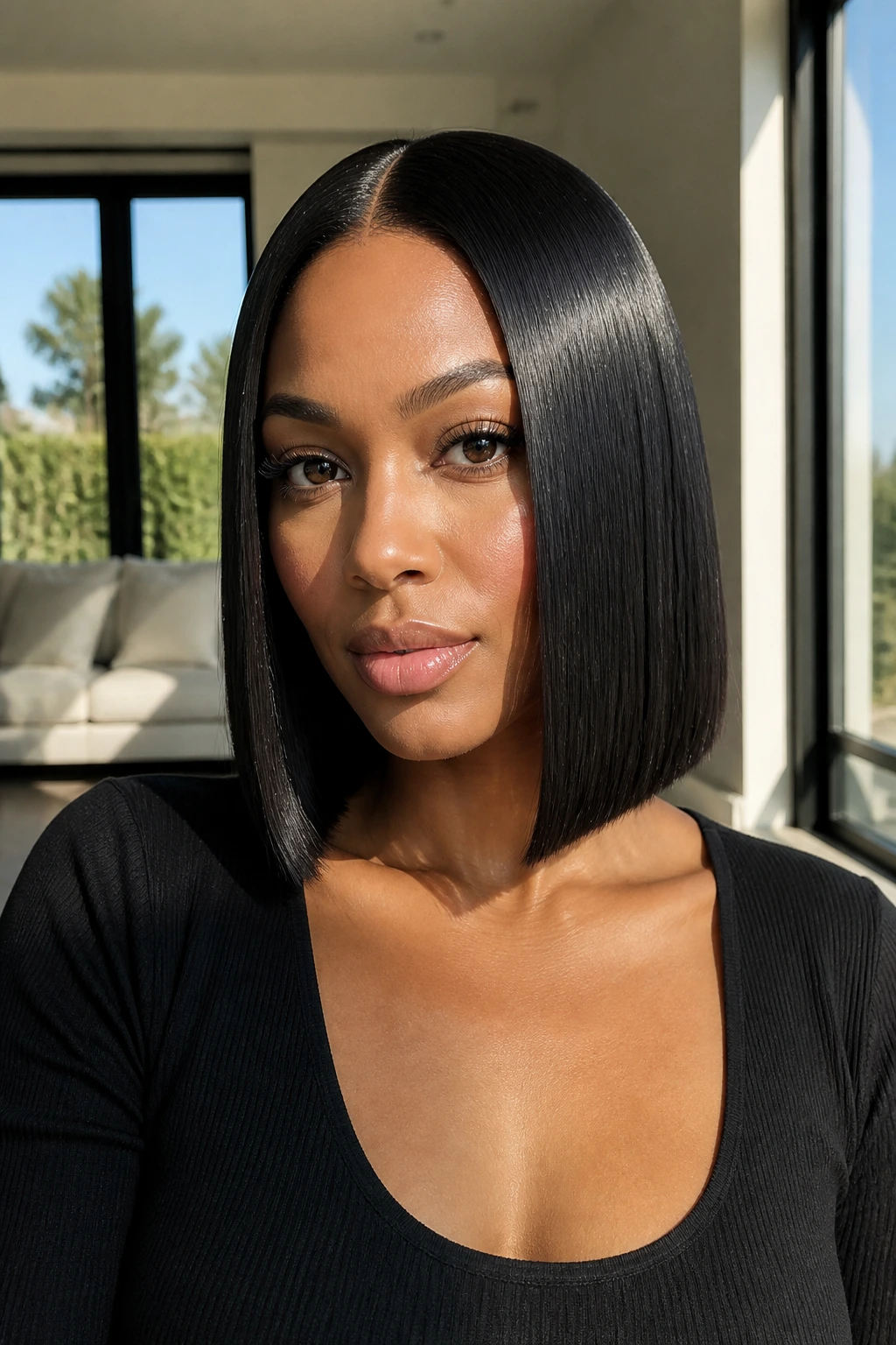 Close-up portrait of a real woman with glass-straight bob and high shine