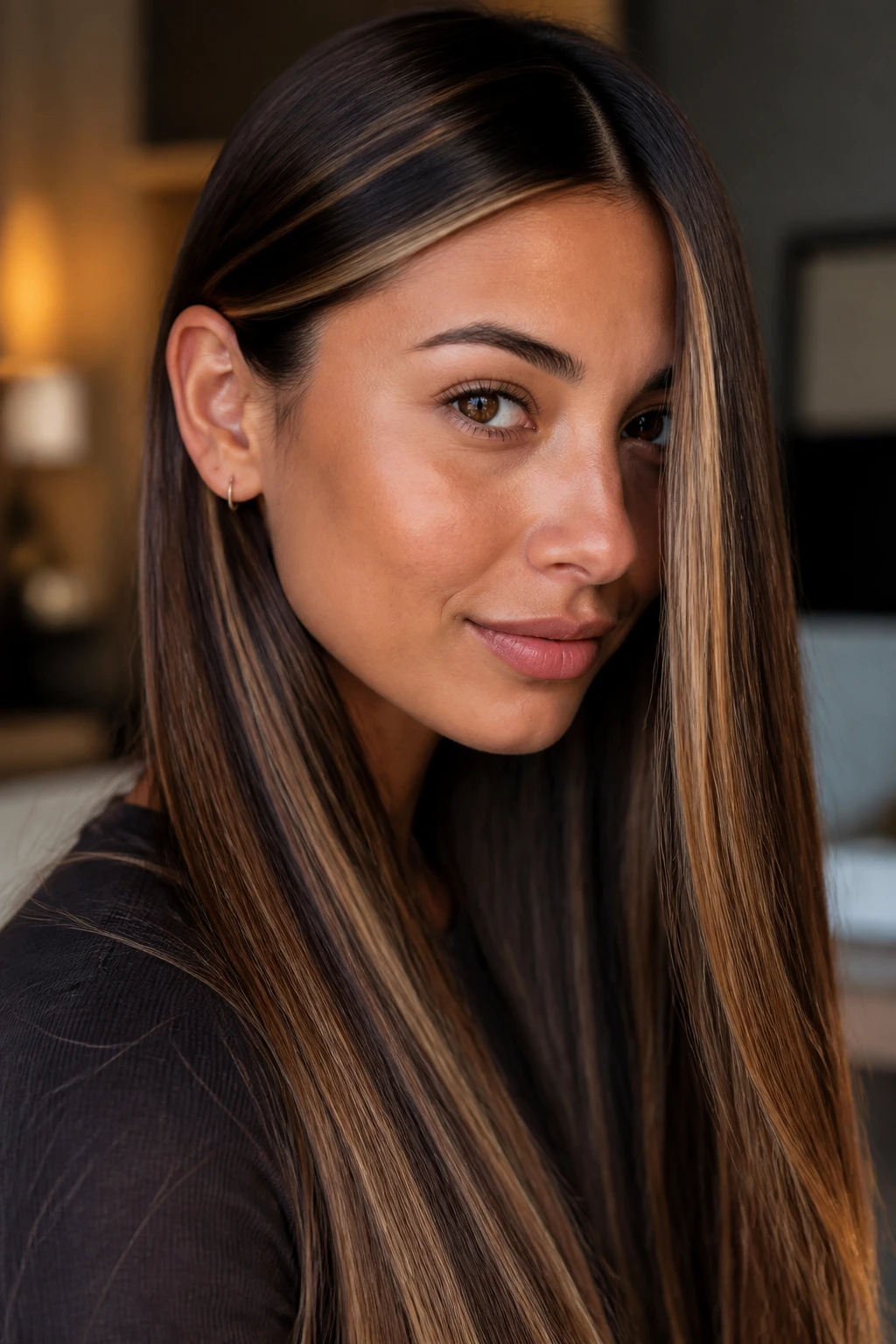 Portrait of a woman with glass-straight hair and narrow caramel ribbon highlights