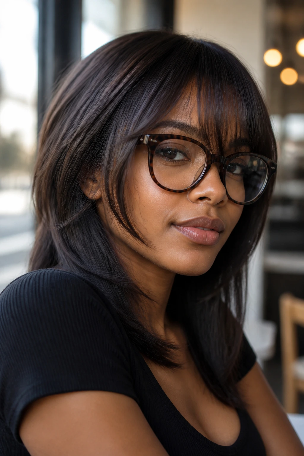 Woman wearing glasses with long, frame-skimming bangs.
