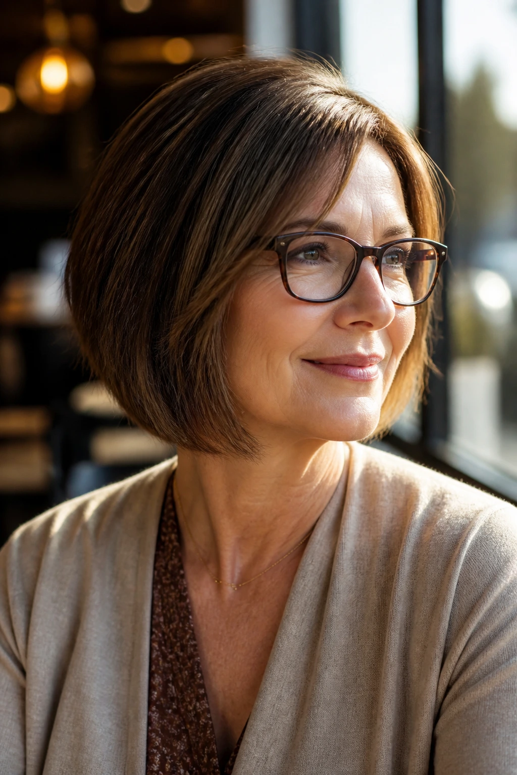 Close-up of a real woman with a glasses-friendly bob and shortened crown in a sunlit cafe.
