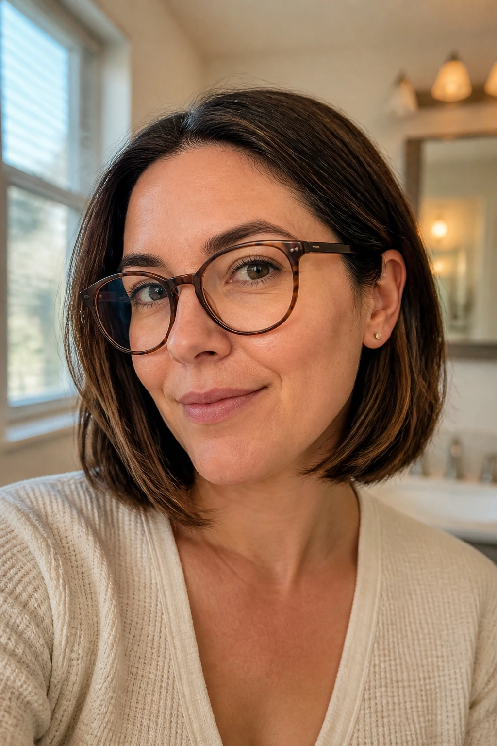 Close-up of a woman wearing glasses with a glasses-first bob variation