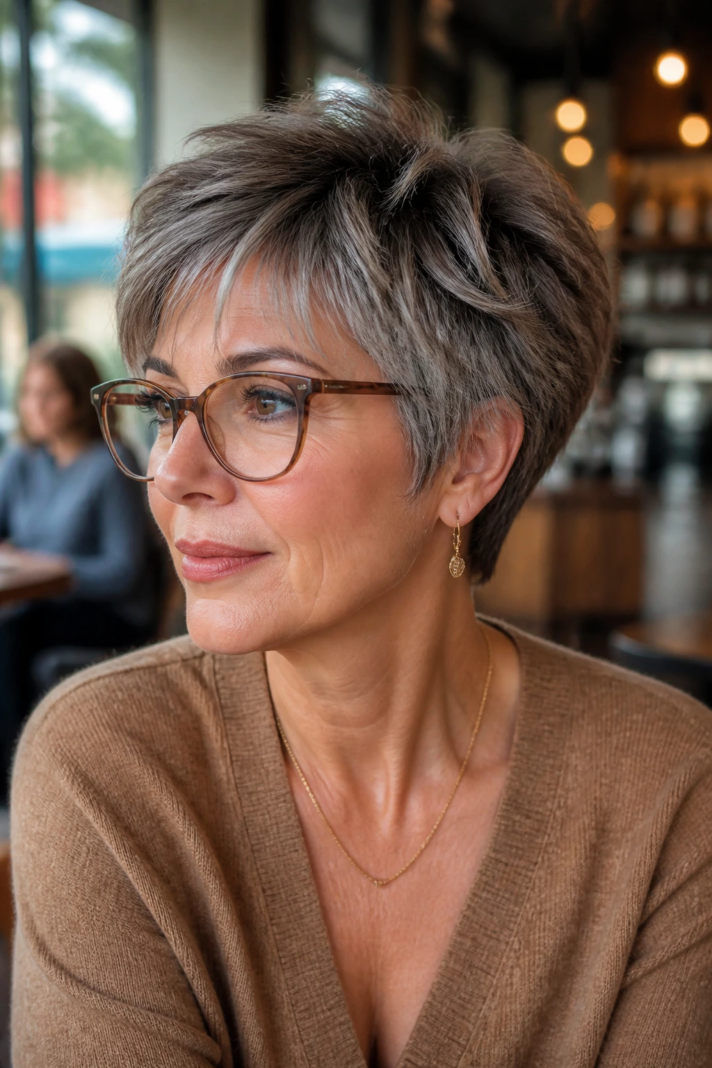 Medium close-up of a real woman with glasses-friendly crop and temple space