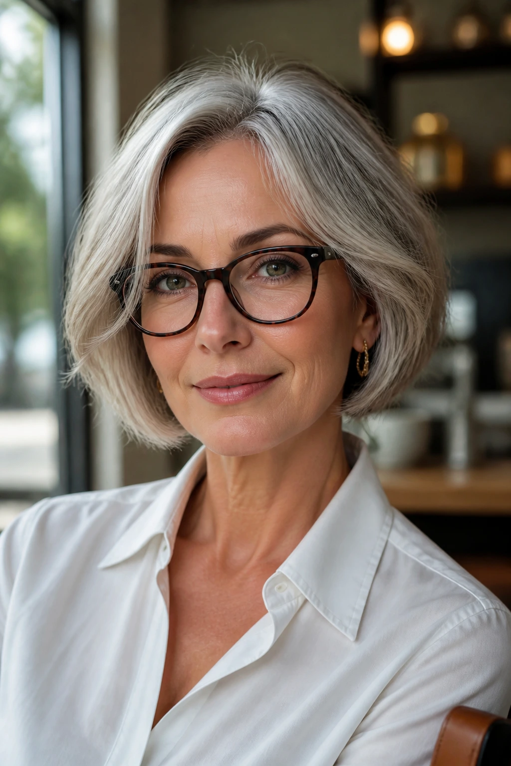Real woman with chin-length hair wearing glasses and earrings