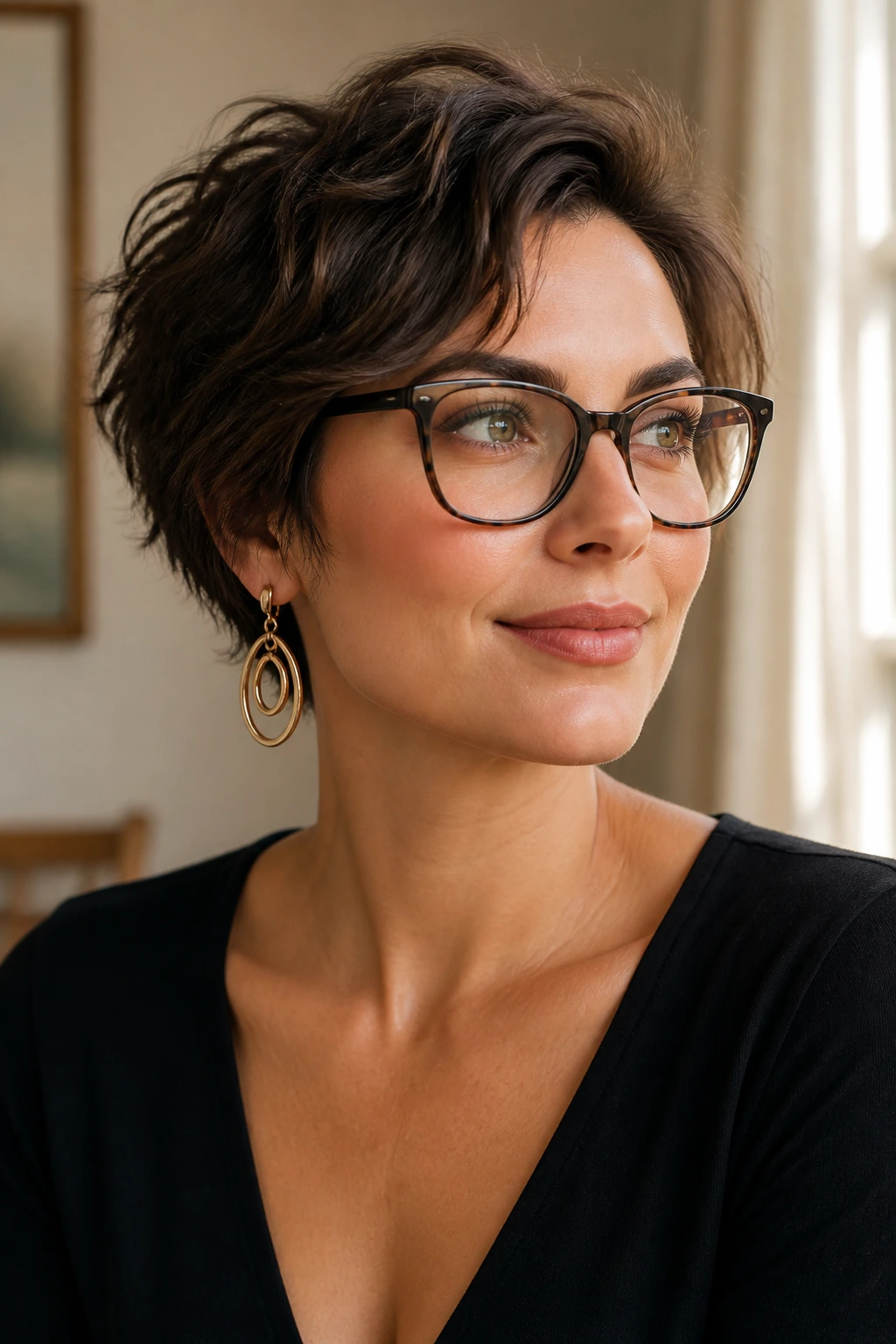 Portrait of a person with glasses and earrings showcasing a flattering short hairstyle