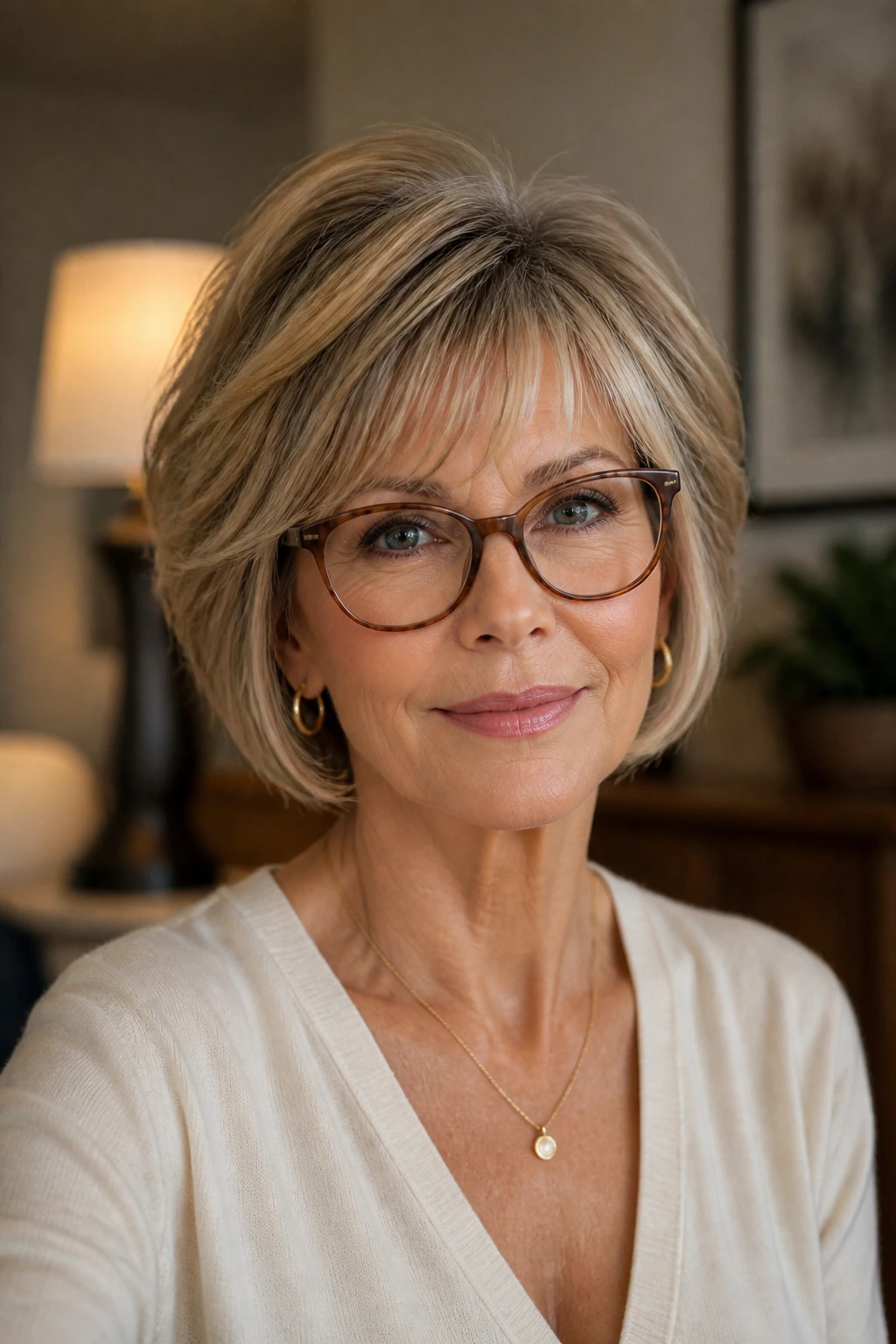 Woman with glasses and earrings showing balanced haircut