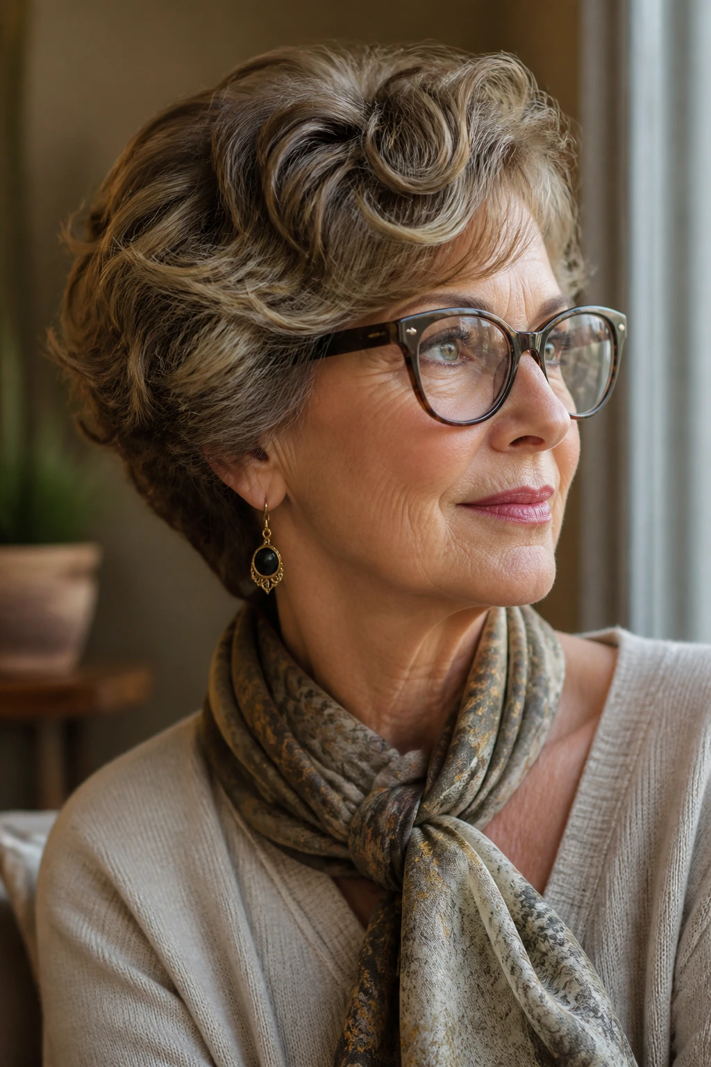 Woman with wavy hair wearing glasses and scarf in portrait