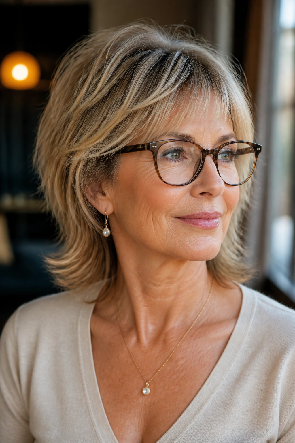 Portrait of a woman with a shaggy haircut wearing glasses and drop earrings