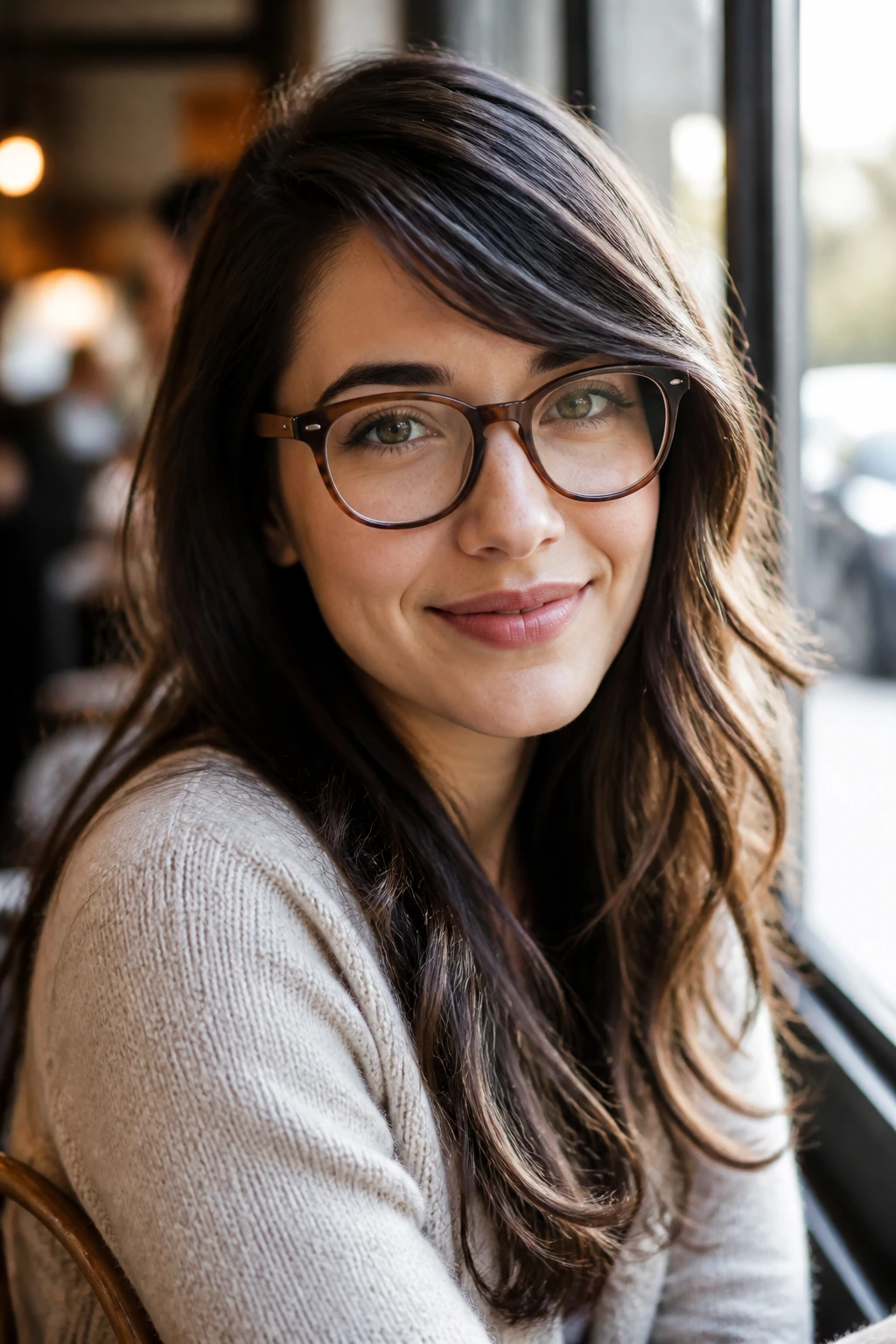 Real person with glasses and long side-swept bangs clear of lenses