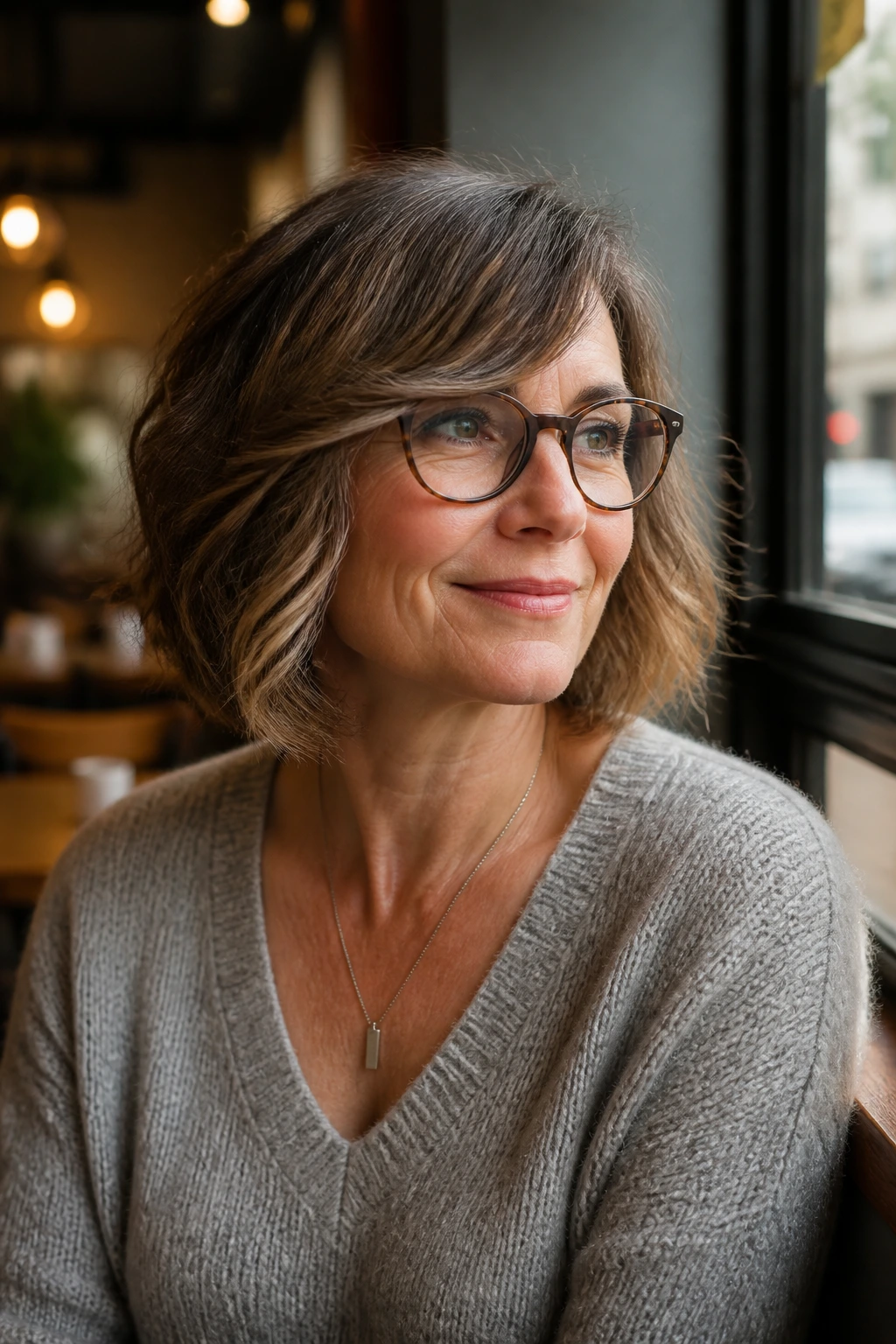 Portrait of a real woman with glasses and a glasses-friendly bob hairstyle