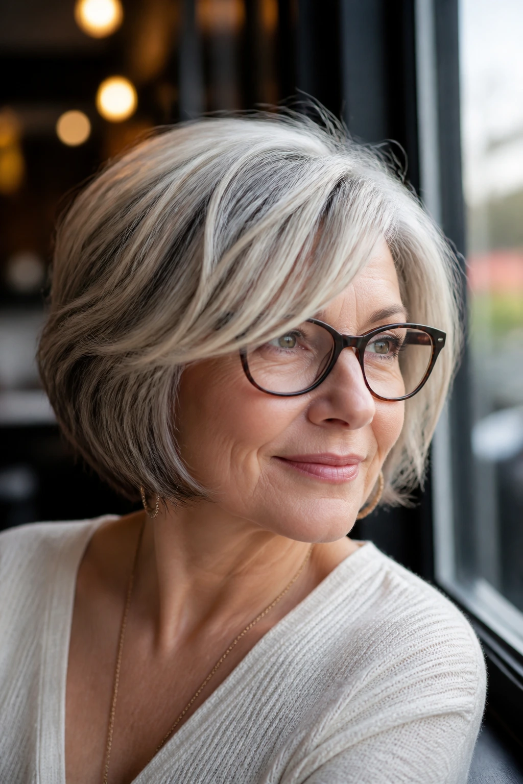 Woman with glasses and side-swept bob showing face-framing pieces