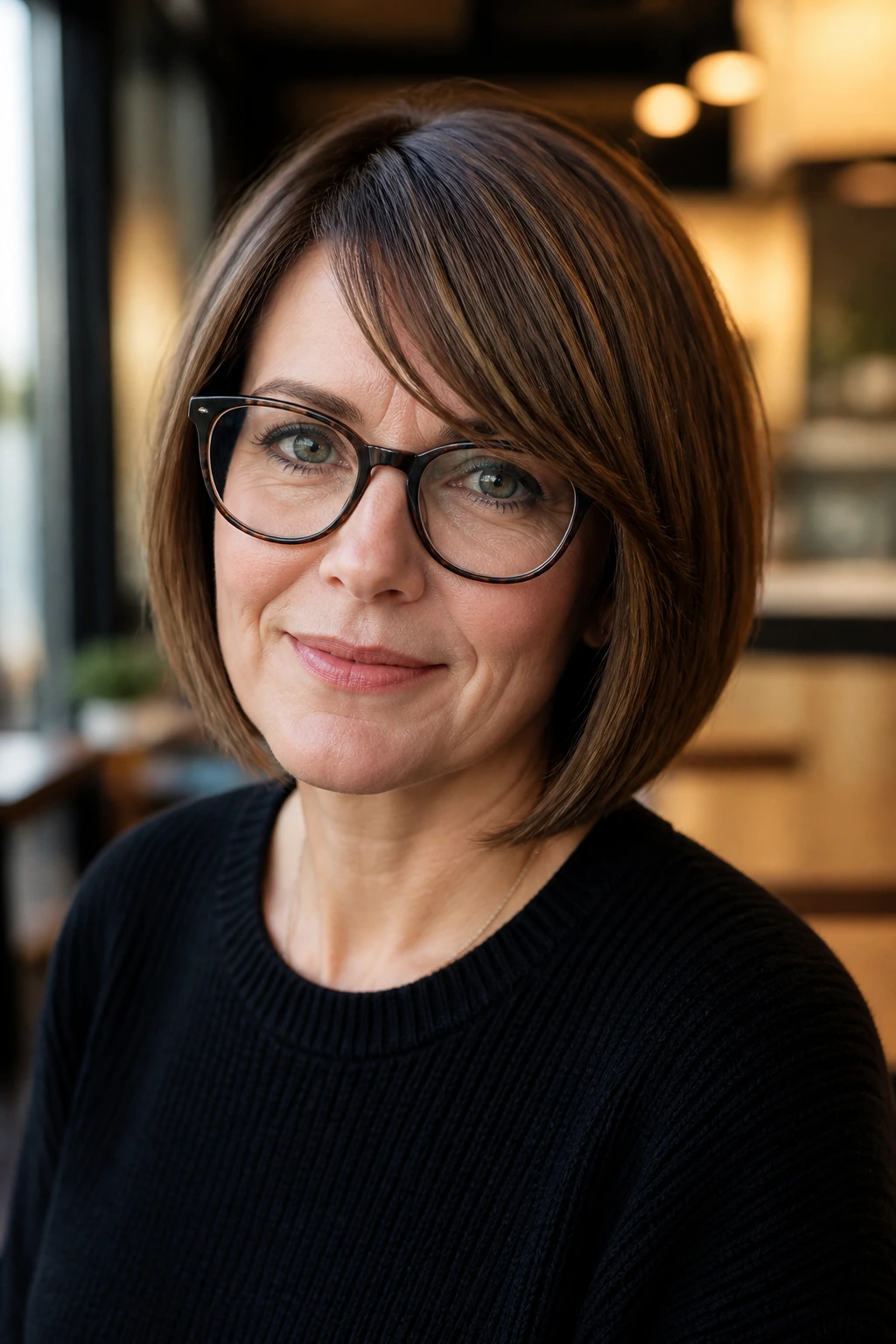 Real person wearing glasses with a glasses-friendly bob and side-swept fringe