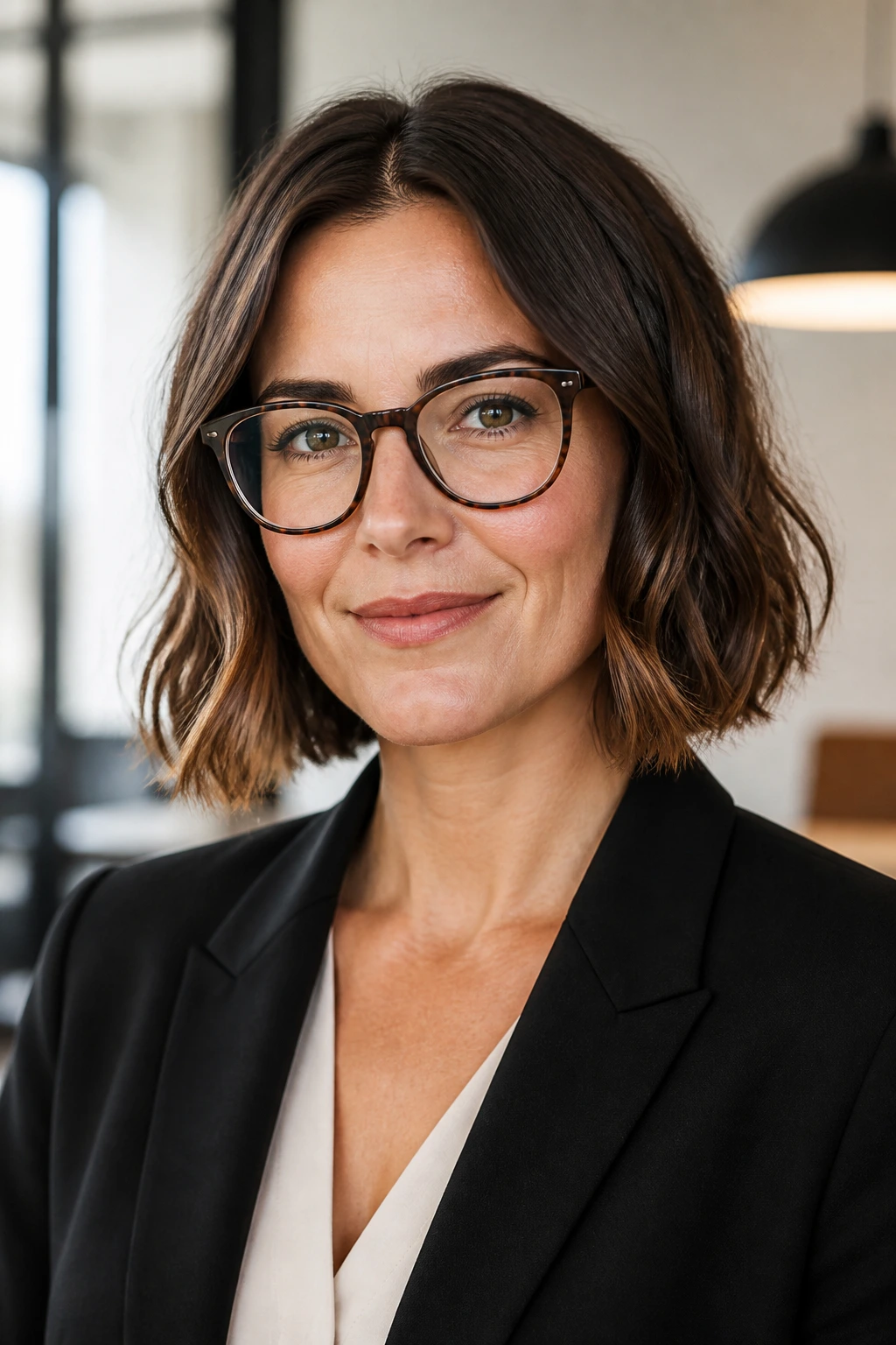 Close-up of a real woman with a glasses-friendly bob and hem waves