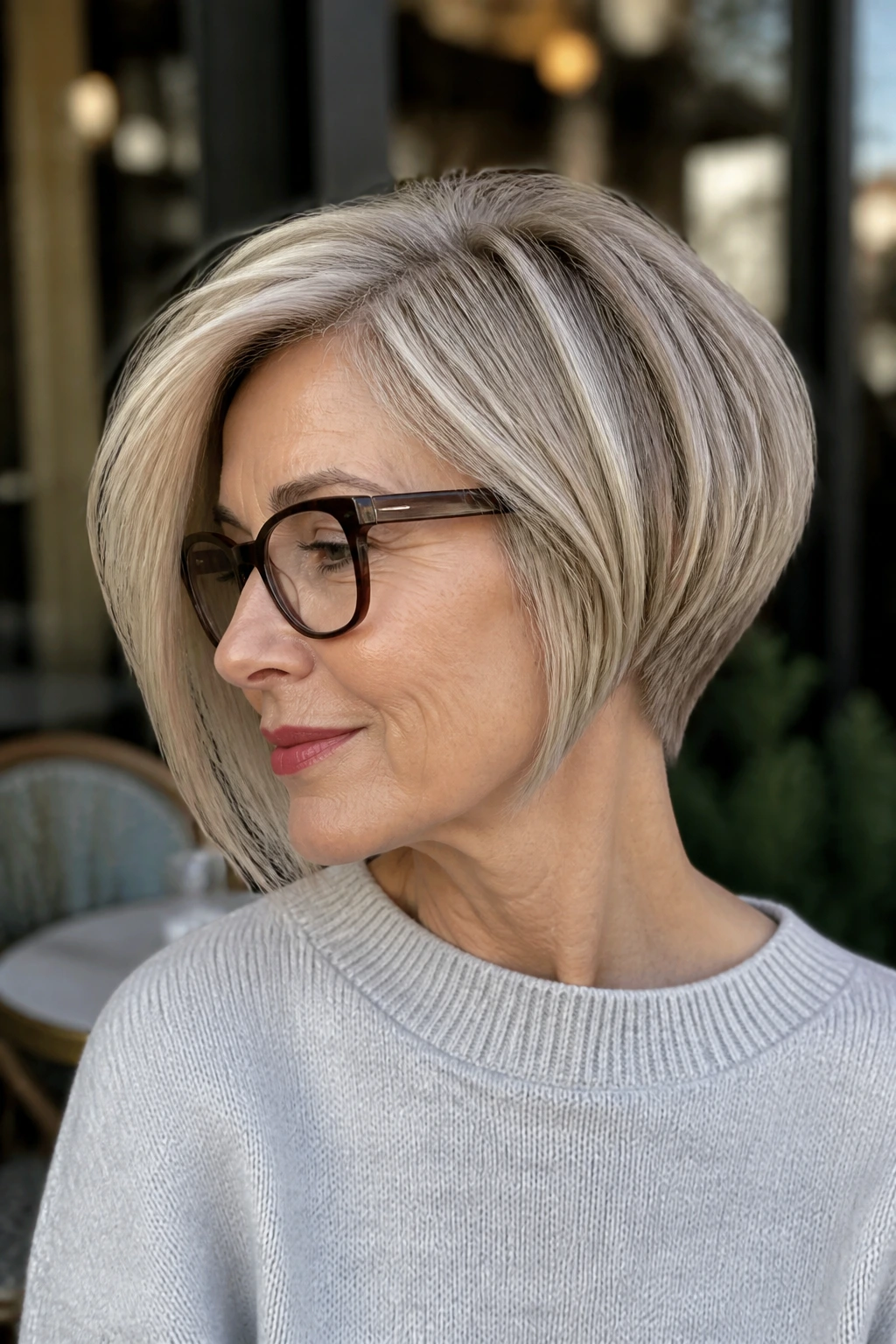 Close-up of a real woman with glasses and narrow-nape bob
