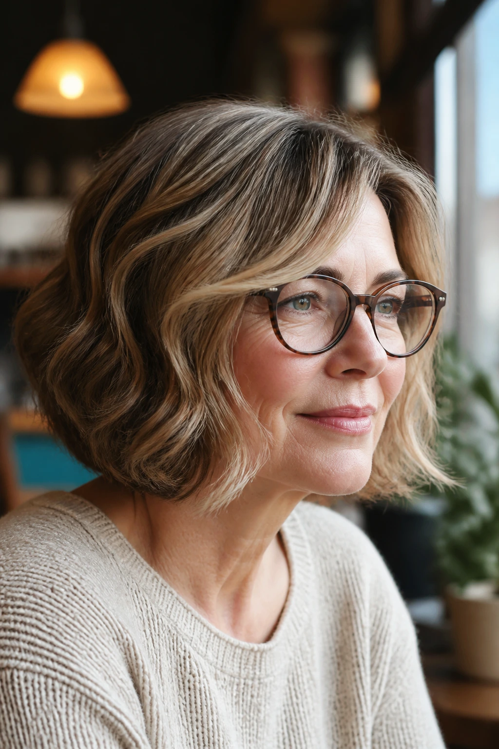 Real woman wearing glasses with a glasses-friendly bob, hair clear of frames in daylight