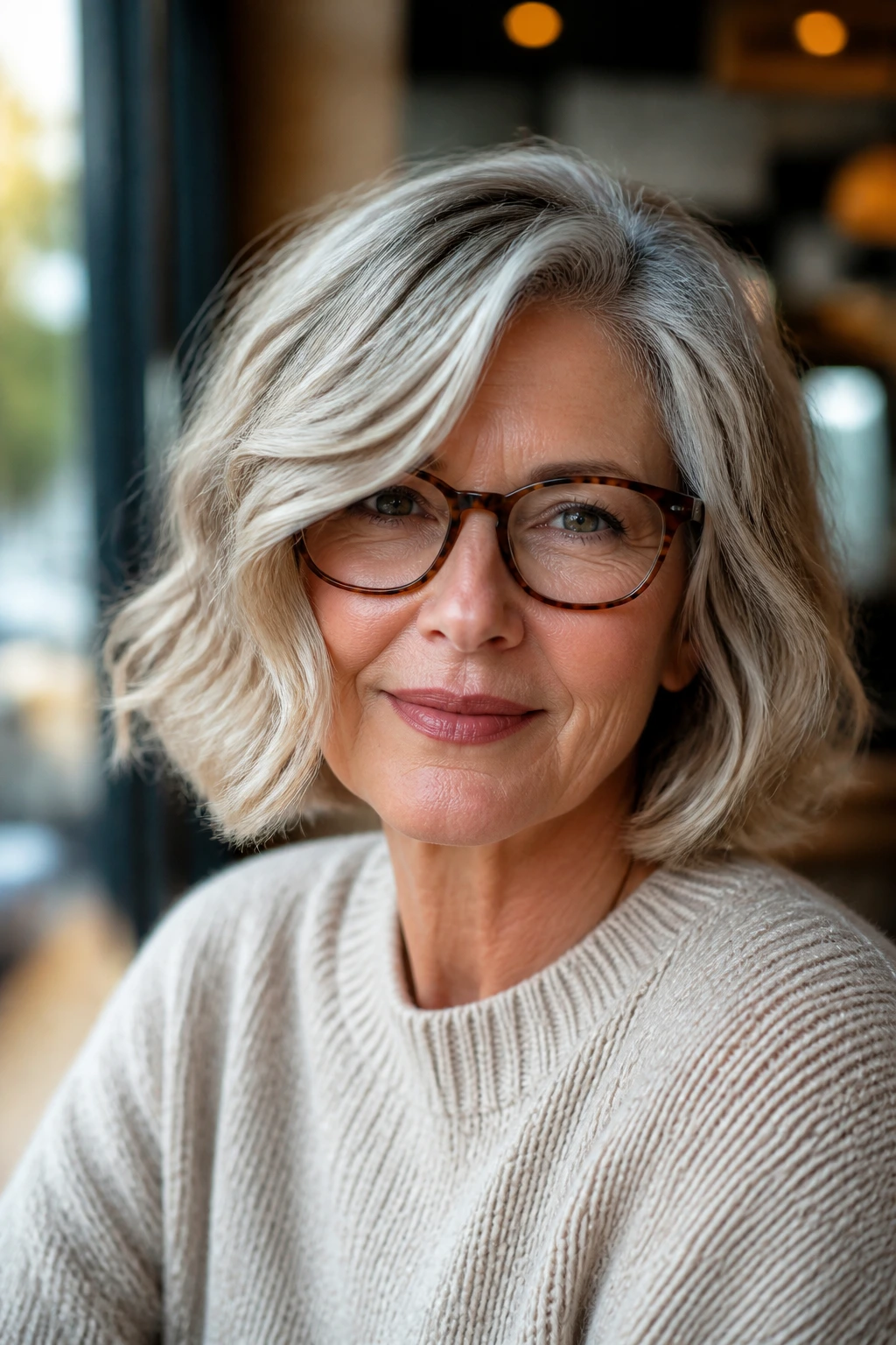 Woman with a wavy bob and side-swept fringe wearing glasses in a cafe setting