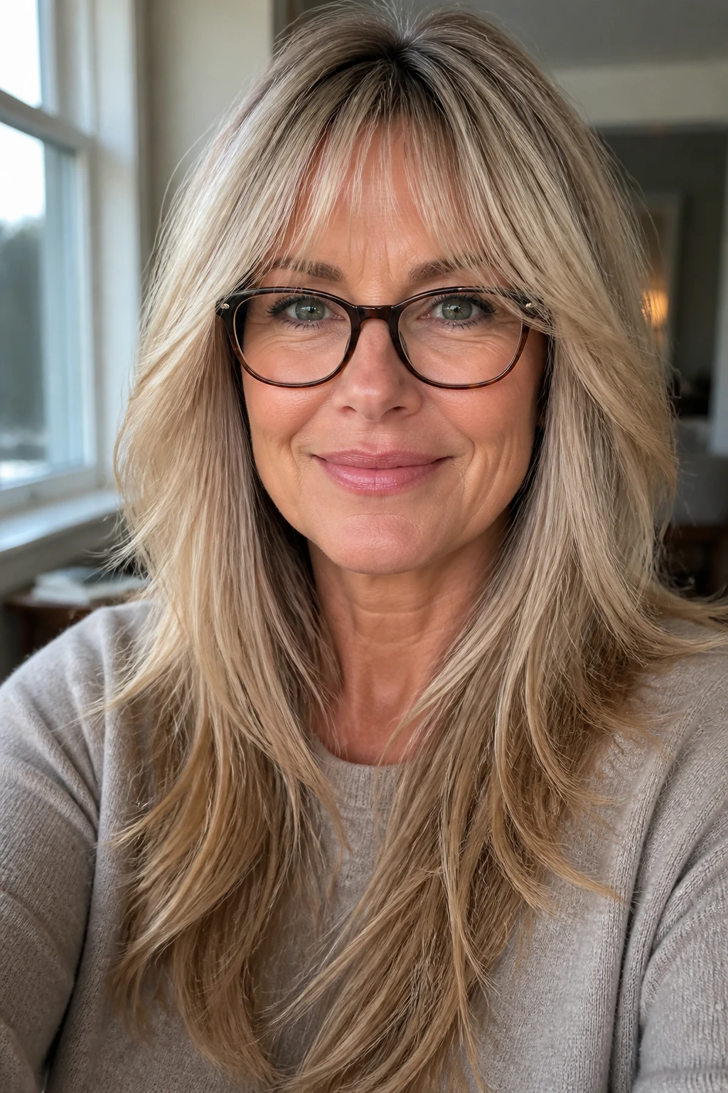 Real woman wearing glasses with face-framing layers.