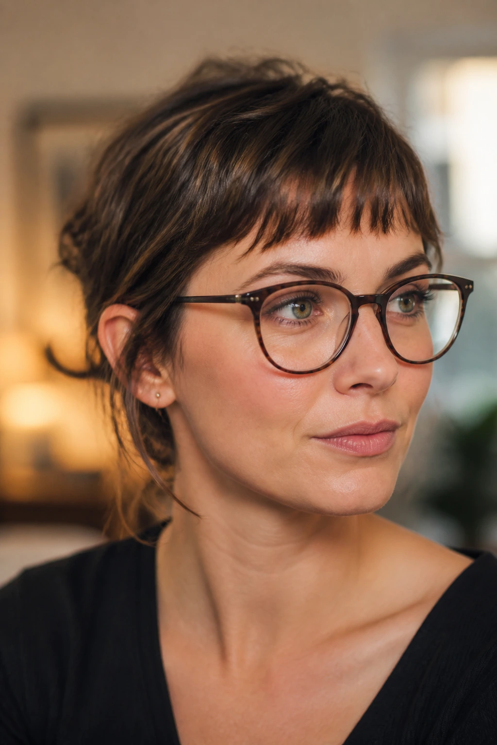Woman wearing glasses with glasses-friendly fringe close-up portrait