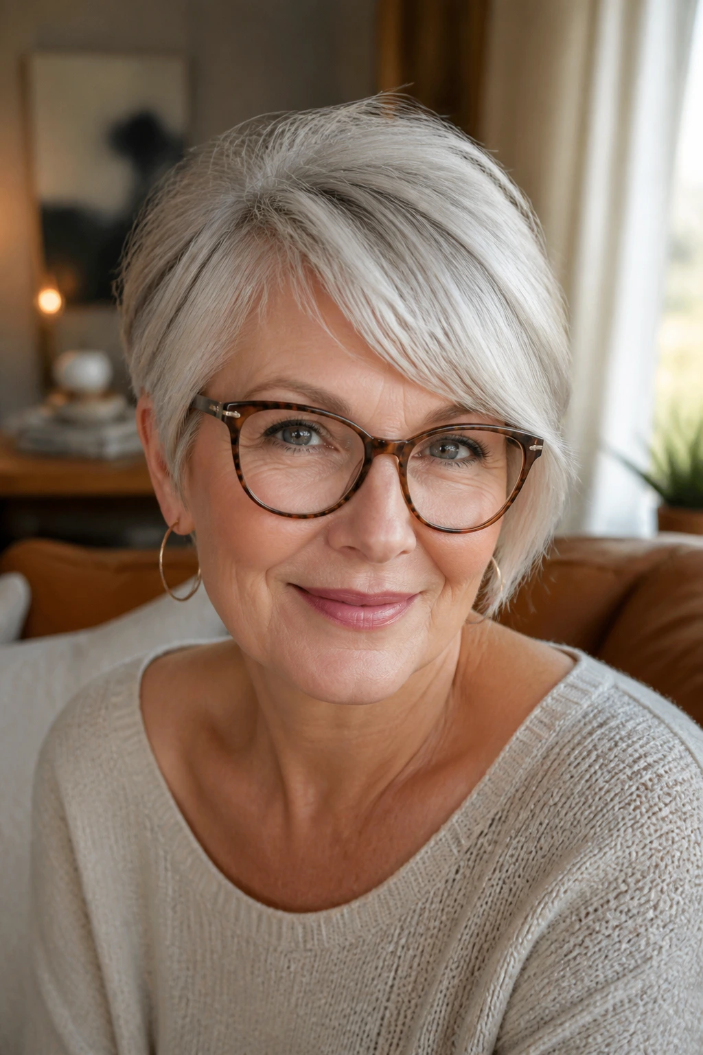 Close-up portrait of a woman with a glasses-friendly side fringe.