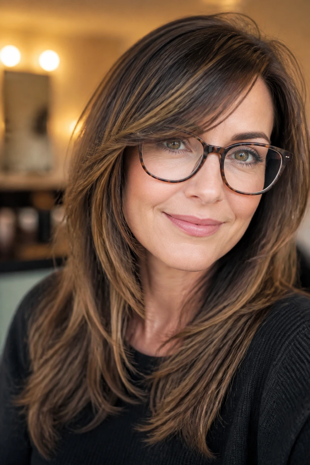 Woman with glasses and a side-swept bang that clears the frame.