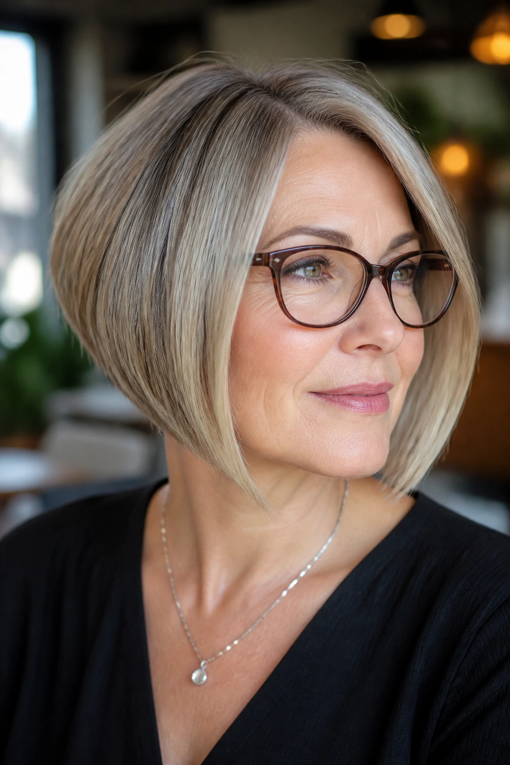Close-up of real woman with glasses-friendly inverted bob