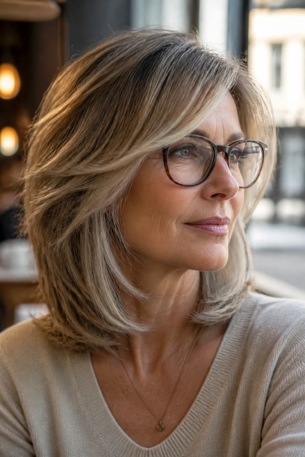 Real woman wearing glasses with side layers that miss the frames.