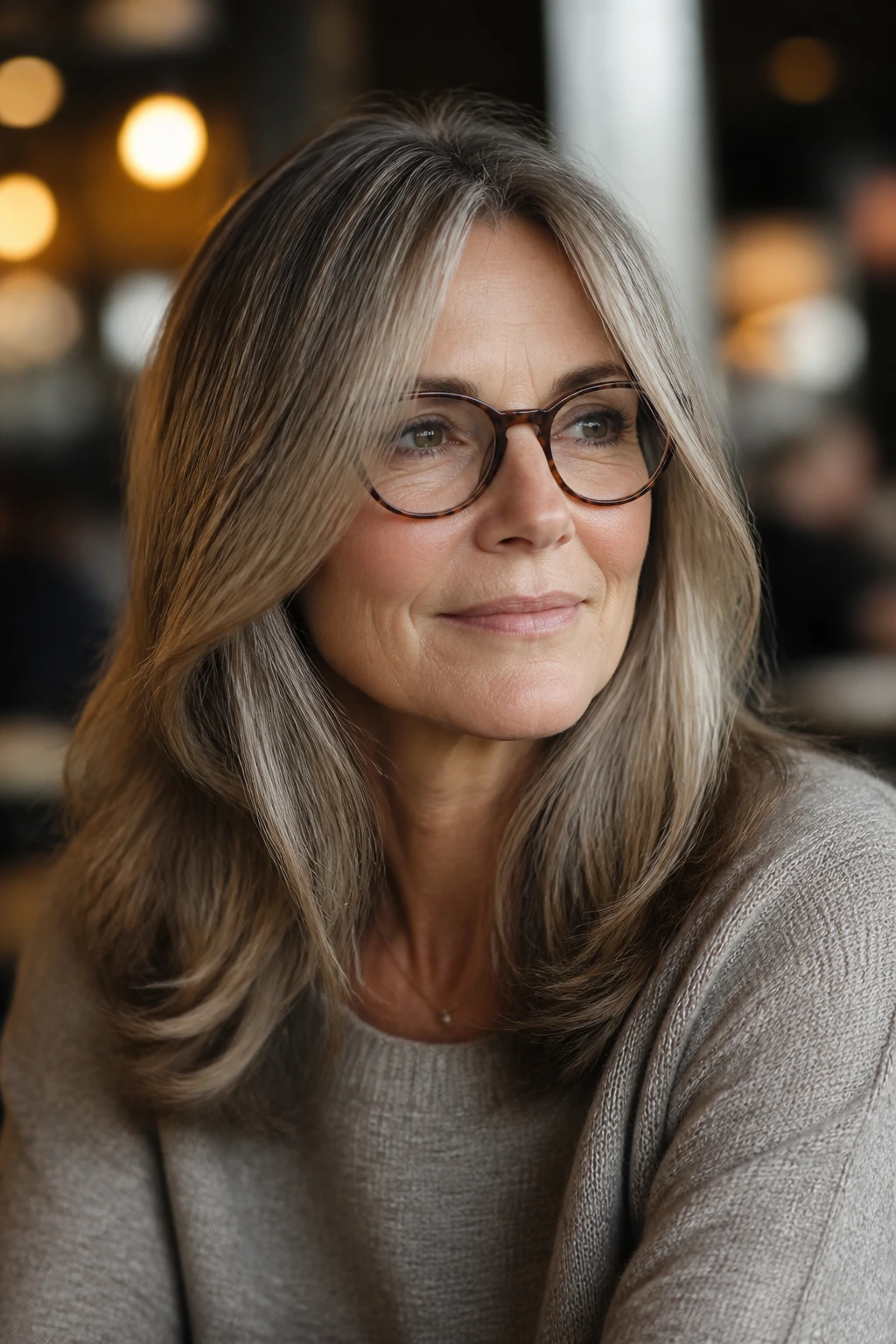 Close-up portrait of a real woman with glasses showing glasses-friendly layers around the frames