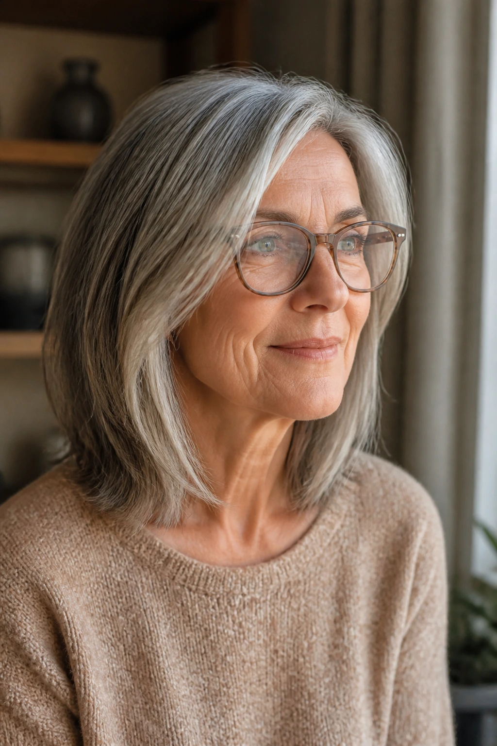 Close-up portrait of a woman with glasses-friendly lob showing front pieces longer to clear temples