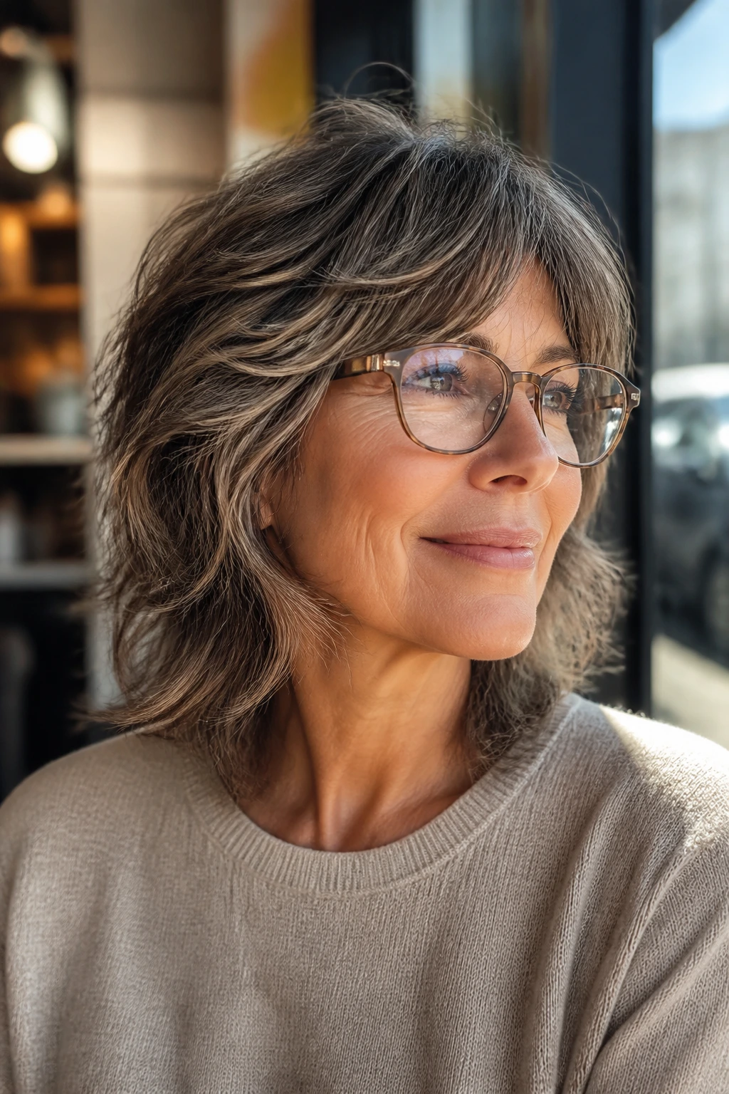 Real woman with glasses wearing open-side shag that frames the face.
