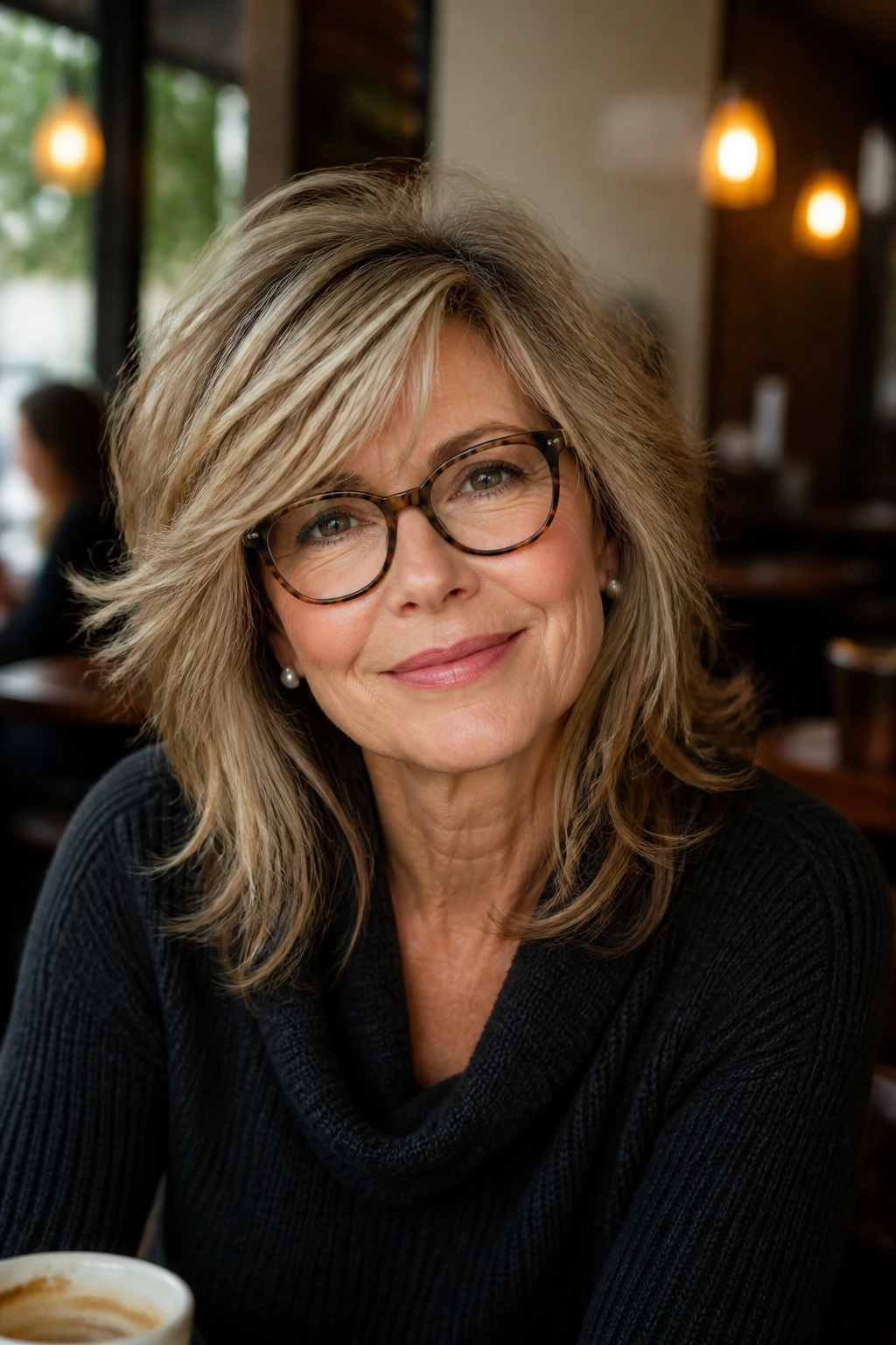 Real woman with glasses wearing glasses-friendly shag and side-swept part