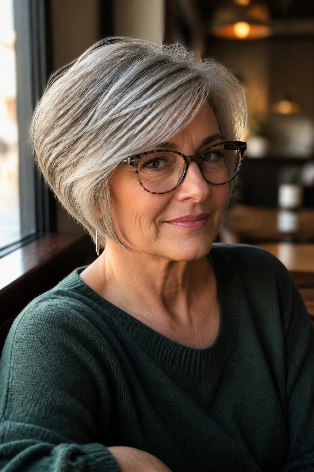 Woman with wedge variation that clears glasses frames