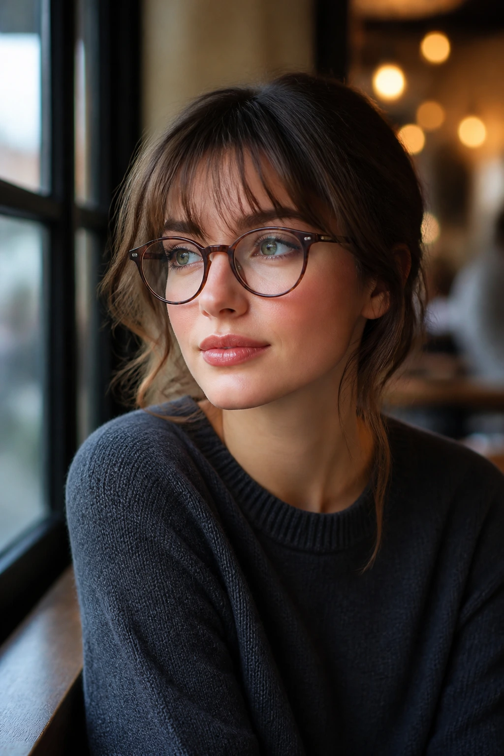 Portrait of a real woman with glasses and wispy fringe around the lenses.