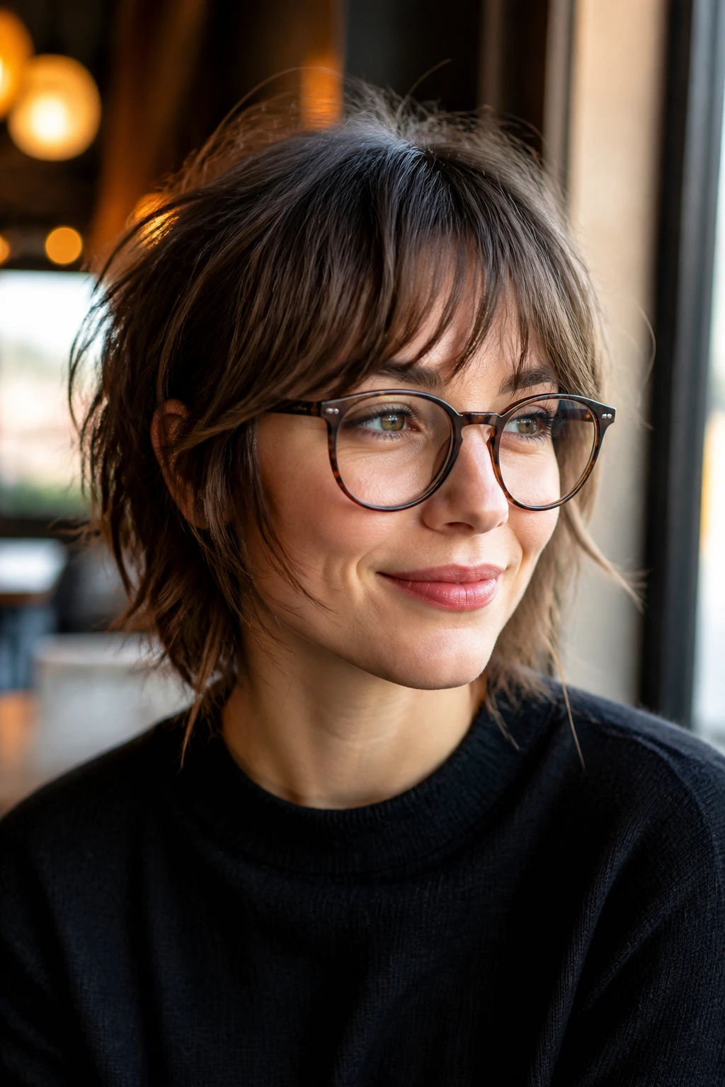 Close-up portrait of a real person wearing glasses with wispy fringe and cheekbone layers