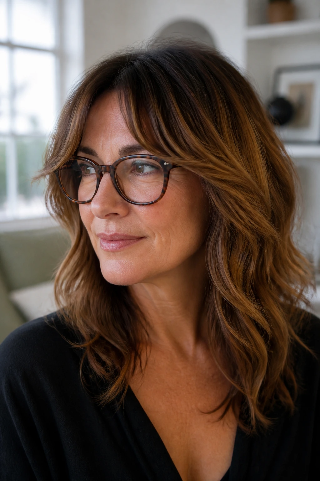 Close-up of a real woman with outward-curving fringe and glasses, soft natural light