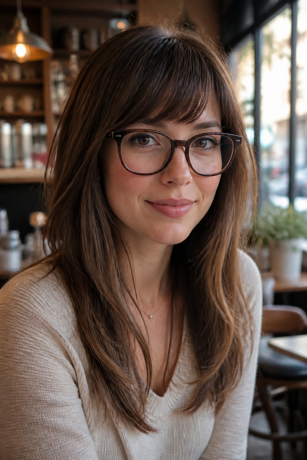 Real woman wearing glasses with fringe stopping above the frame.