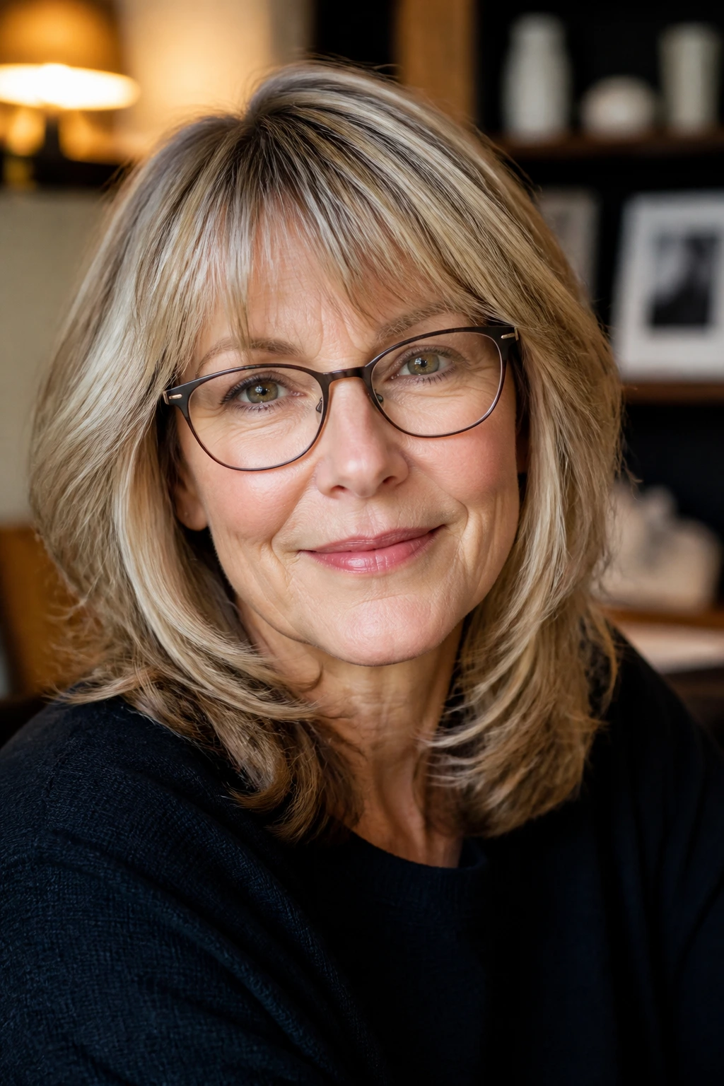 Close-up portrait of a real woman with a light fringe that works with glasses