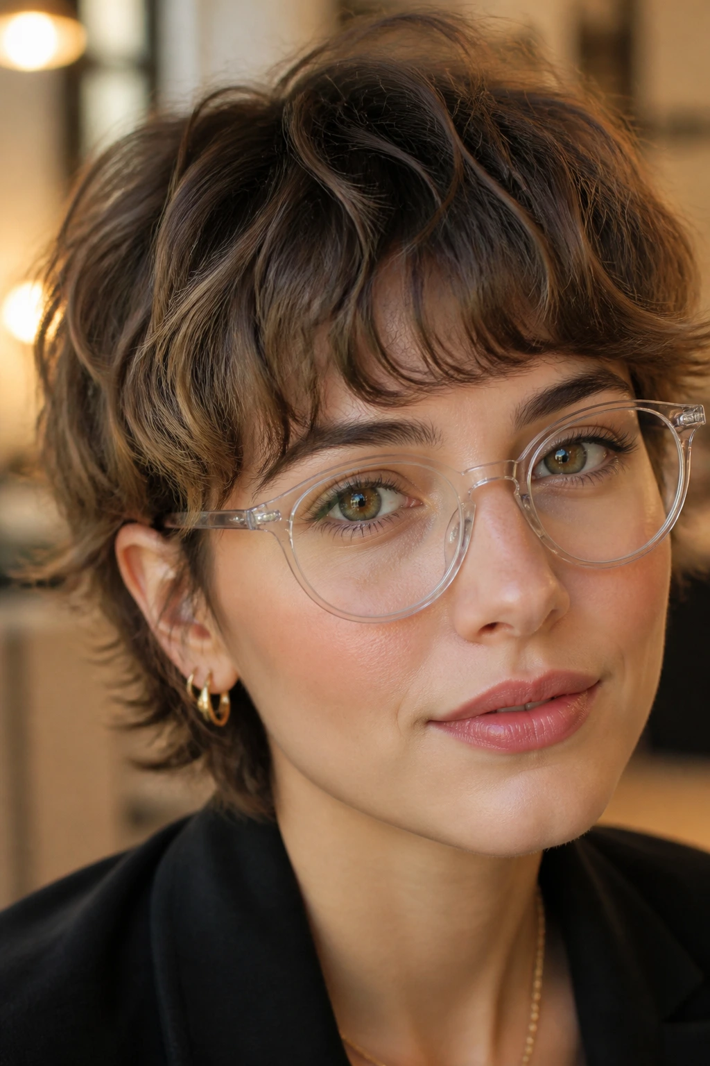 Portrait of a real person wearing glasses with a soft wavy fringe sitting above the frames