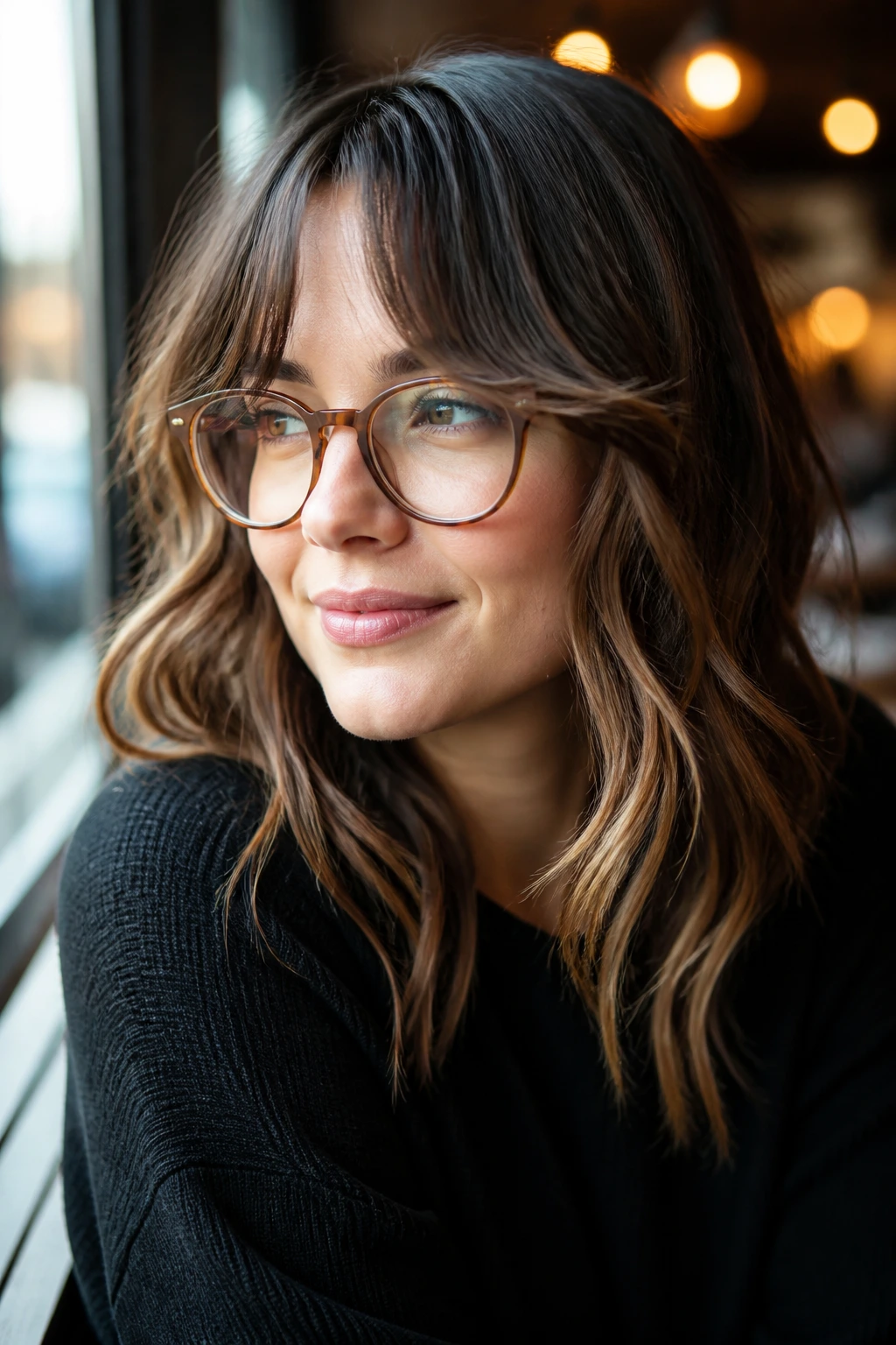Portrait of a woman with curtain bangs and glasses, hair framing the face.