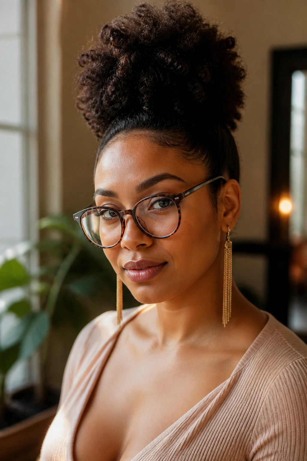 Woman with a raised crown puff wearing glasses and earrings