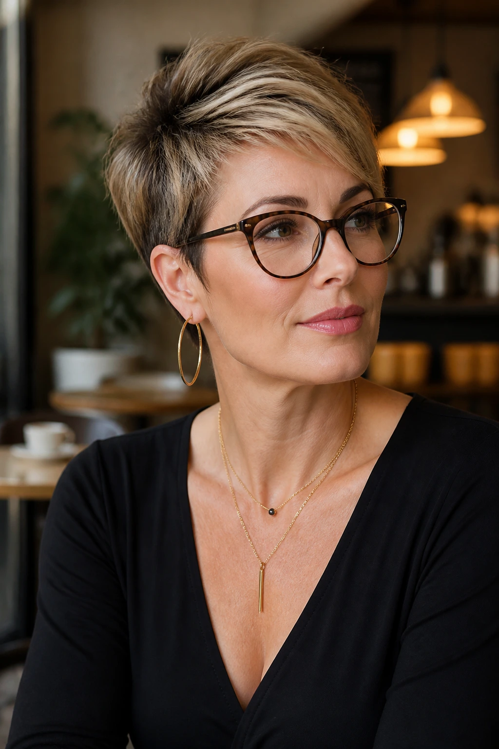 Real woman wearing glasses and hoops with a short haircut in a café setting.