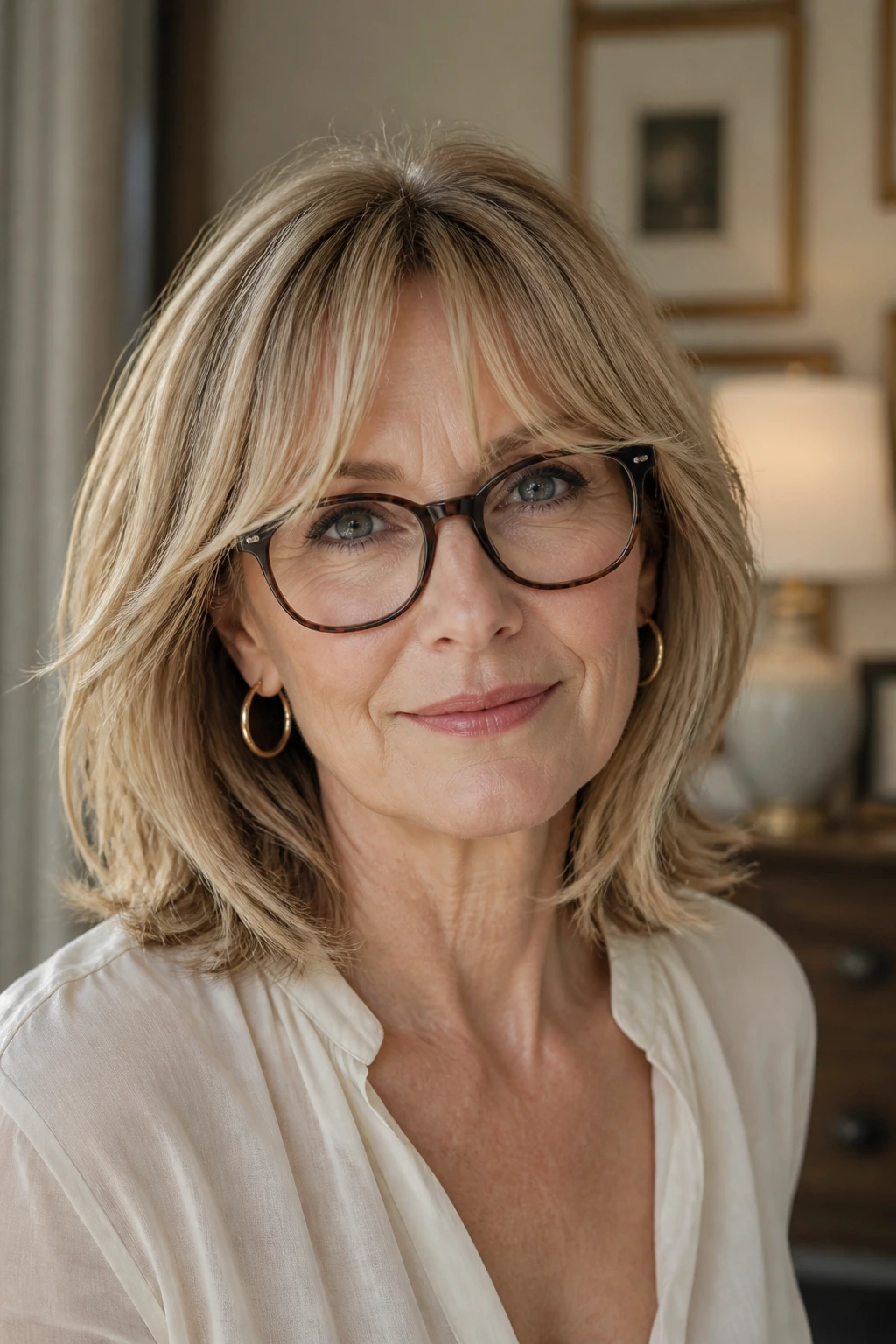 Woman with curtain bangs wearing glasses and hoops in a softly lit room.