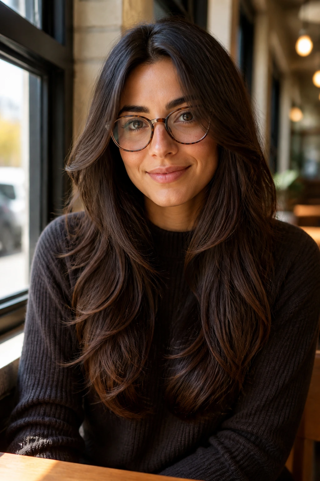 Portrait of a person with glasses and long layers that stay clear of the frames.