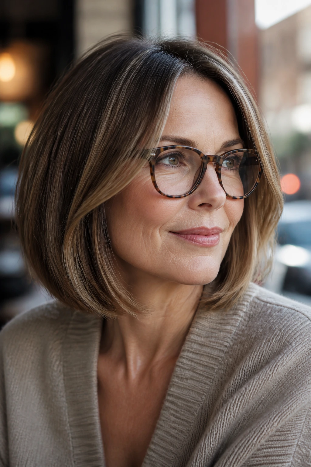 Portrait of a real woman wearing glasses with an open-face lob around the frames.