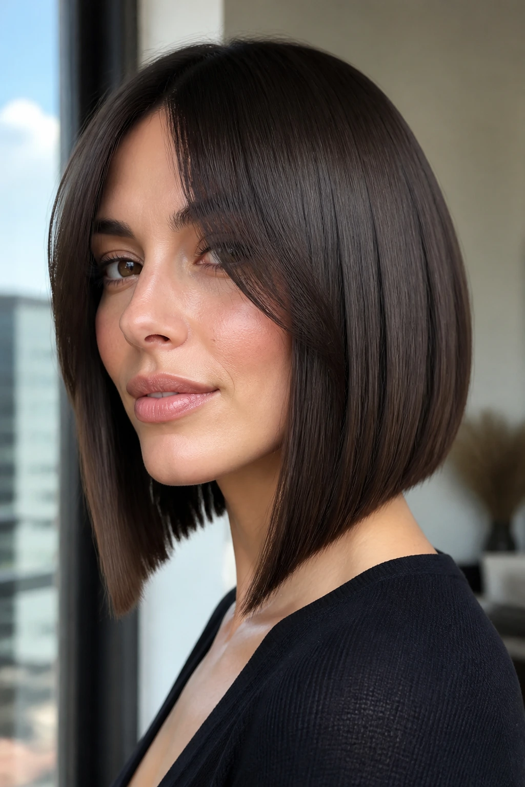 Portrait of a woman with glossy A-line bob and long curtain fringe in bright window light