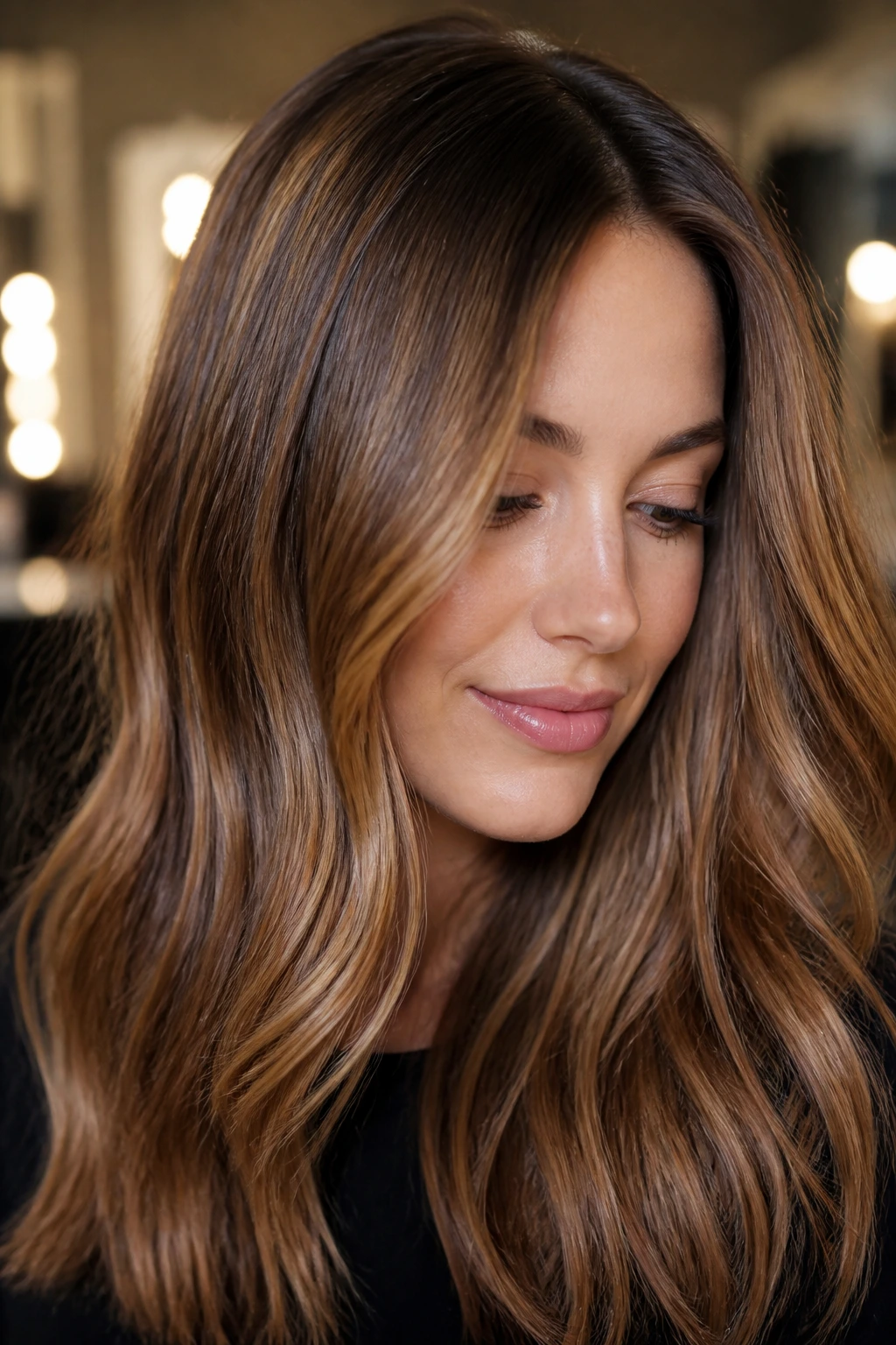 Glassy amber finish with soft root shadow on a real person