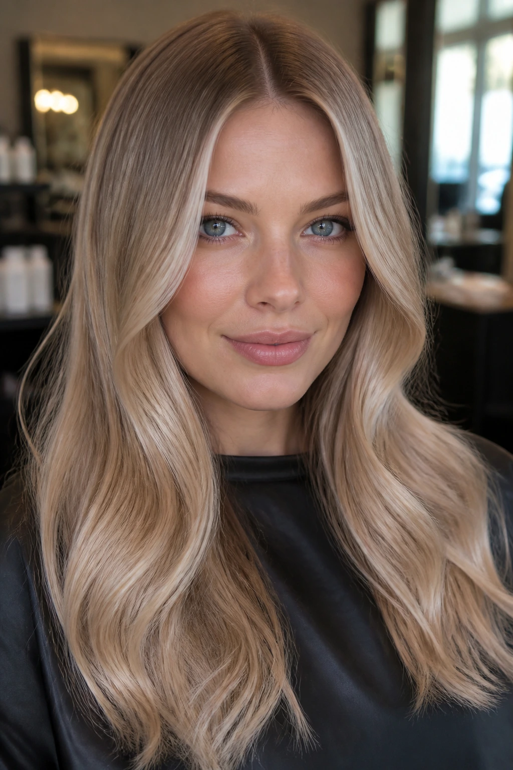 Close-up portrait of a real woman with glassy beige blonde hair and high-shine finish