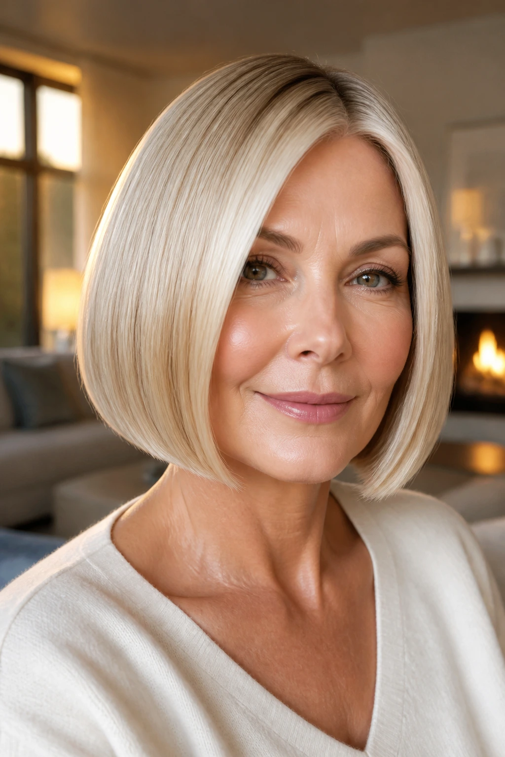 Close-up portrait of a real woman with a glossy blonde bob under warm window light
