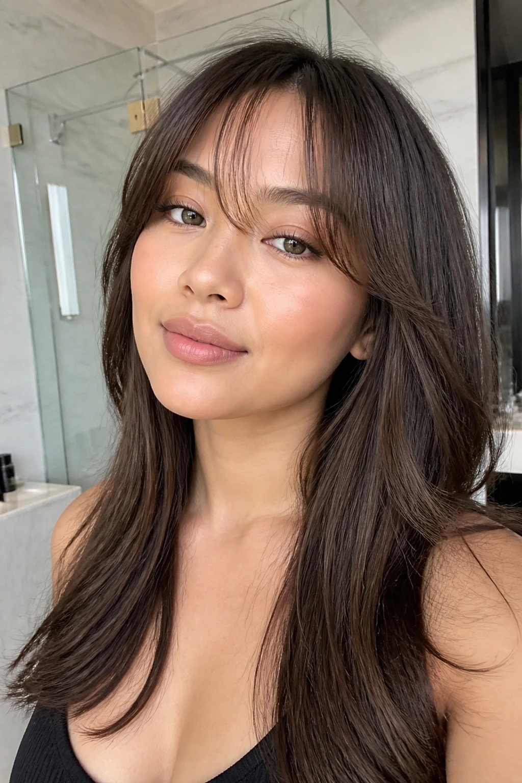 Real woman with glassy blowout wispy bangs, sleek and lifted from forehead